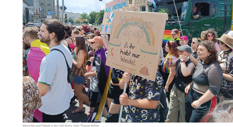 Screeenshot aus dem Artikel. Viele Menschen in bunten Outfits. Eine Person hält ein großes Protestschild mit der Aufschrift "Wir haben Spaß und ihr habt nur Weidel".